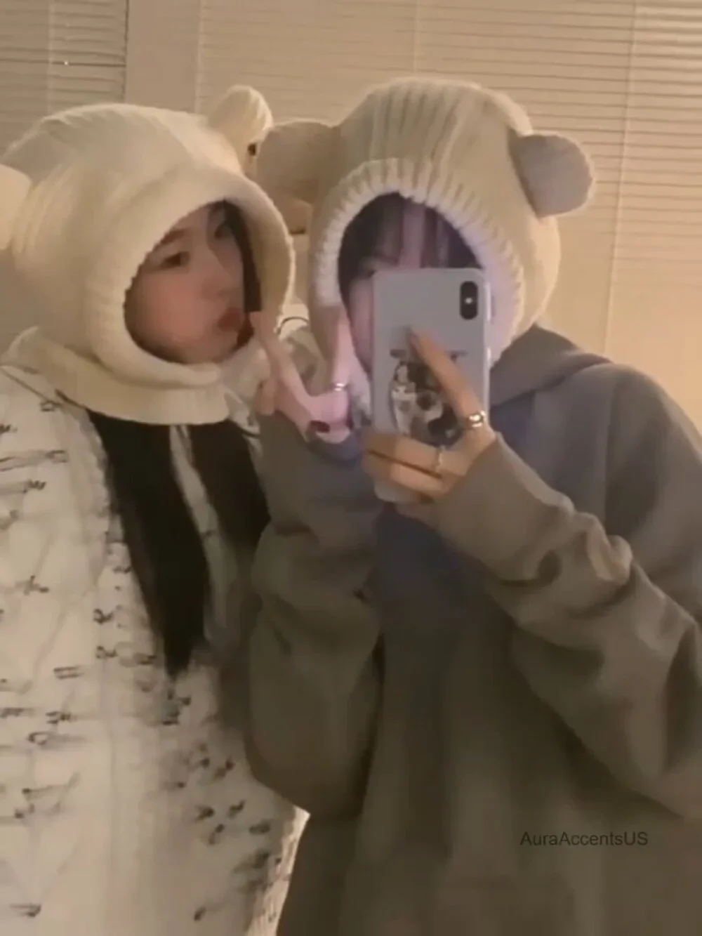 Knit Winter Hat Women Cute Bear Balaclava Warm Hooded Scarf Beanie Skull Cap